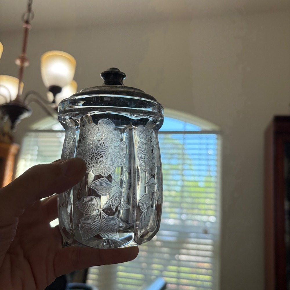 Vintage Etched Glass Jam Mustard Jar Silver Tone Lid Floral Starburst Base